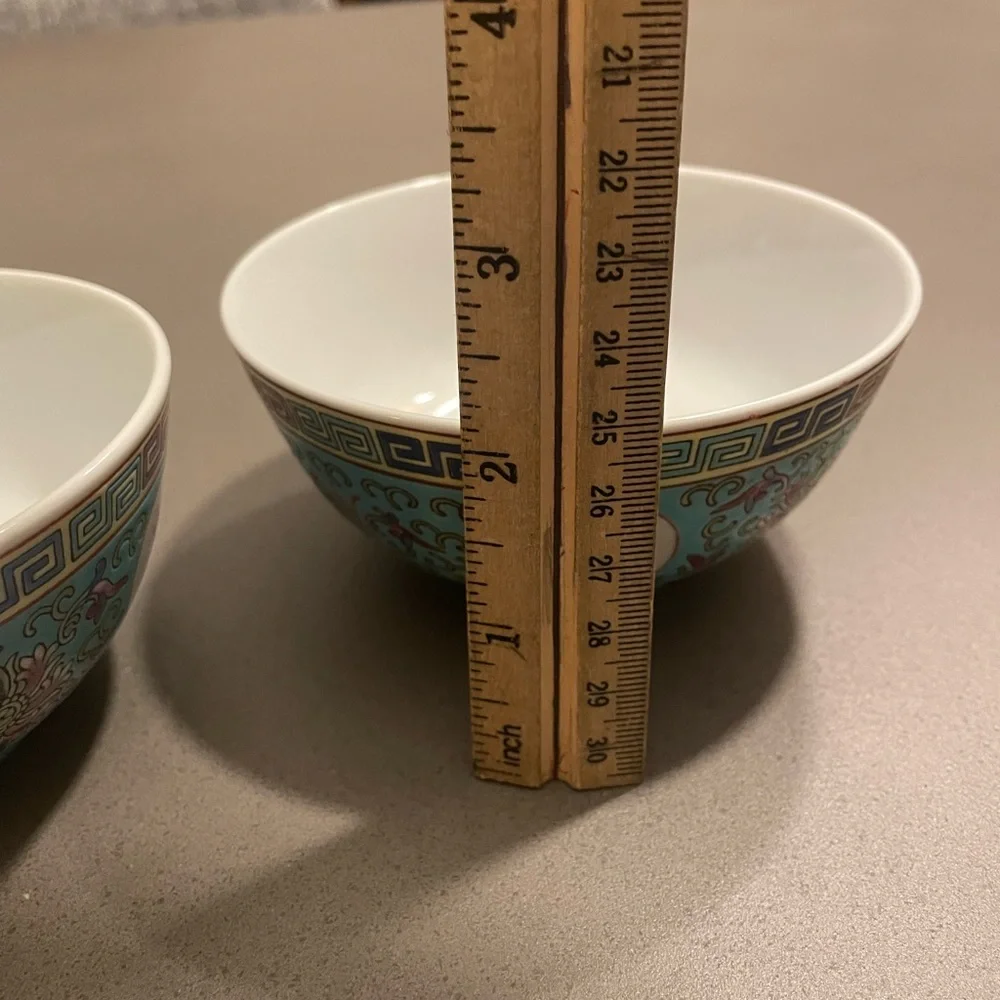 2~ Chinese Mun Shou Rice Bowls  Wan Shou Wu Jiang Porcelain Longevity Blue 4.5x2